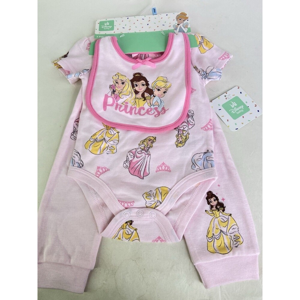 Disney Princess 3 Piece Bodysuit Pants Bib Outfit Set Girls Size 3-6 Months